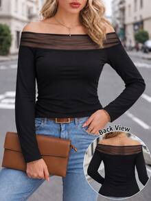 Linhara CURVE Plus Size Youthful Pure Desire Off-Shoulder Mesh Patchwork Cold Shoulder Long Sleeve T-Shirt, Korean Style Sexy Hot Girl Inner Layer, Pullover Slim Fit Flattering Cold Shoulder Tee - Black - View 6