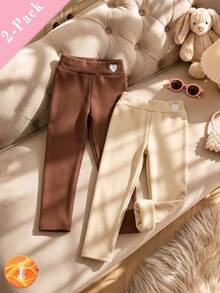 Girls' Fall/ Flannel Long Pants Khaki Brown Multi-Piece Set, High Waist Design With 3D Embroidery - Multicolor - View 3