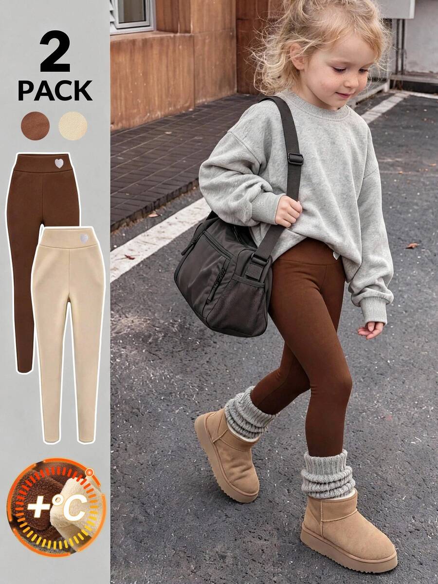 Girls' Fall/ Flannel Long Pants Khaki Brown Multi-Piece Set, High Waist Design With 3D Embroidery - Multicolor - View 1