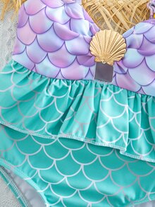 SHEIN Cute Baby Girls Purple Graphic Mermaid Bikini With Ruffle Spaghetti Strap Top And Skirt Bottom - Purple - View 4