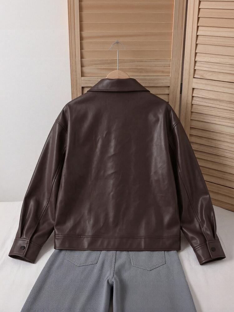 SHEIN Teen Girl Long Sleeve Fleece Fall Clothes Autumn Fashion Versatile Solid Color Jacket, Holiday Outfits, Casual, Winter - Brown - View 2