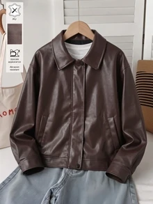 SHEIN 青少年女孩長袖抓絨外套，秋季時尚百搭純色夾克，休閒假日穿搭，冬季保暖衣物 - 棕色 - 查看 3