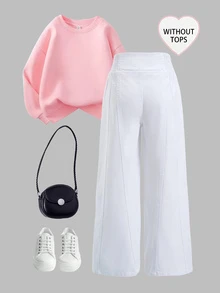 SHEIN 女款高腰寬腿牛仔褲，四季休閒度假風，白色水洗牛仔色，彈性腰頭＋對比縫線設計，寬鬆寬腿版型，輕盈柔軟舒適的高級棉牛仔面料，百搭日常穿搭，可搭配T恤與短版上衣，適合所有季節 - 白色 - 查看 5