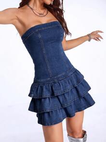 SHEIN ICON Strapless Plain Denim Mini Dress Featuring Layered Hem For A Stylish And Feminine Look, Women Denim Dress, Jeans Dress - Medium Wash - View 8