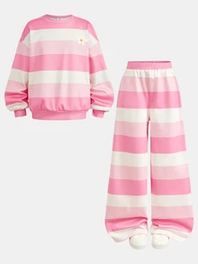 SHEIN Tween Girl Crew Neck Colorblock Patchwork Long Sleeve Sweatshirt And Elastic Waist Long Pants 2 Pieces Set - Pink - View 6