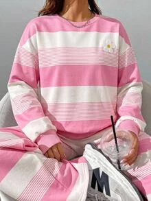 SHEIN Tween Girl Crew Neck Colorblock Patchwork Long Sleeve Sweatshirt And Elastic Waist Long Pants 2 Pieces Set - Pink - View 1