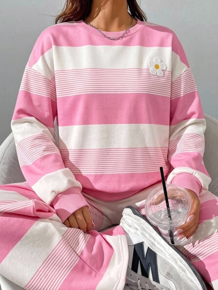 SHEIN Tween Girl Crew Neck Colorblock Patchwork Long Sleeve Sweatshirt And Elastic Waist Long Pants 2 Pieces Set - Pink - View 1