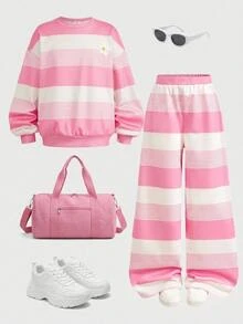 SHEIN Tween Girl Crew Neck Colorblock Patchwork Long Sleeve Sweatshirt And Elastic Waist Long Pants 2 Pieces Set - Pink - View 7