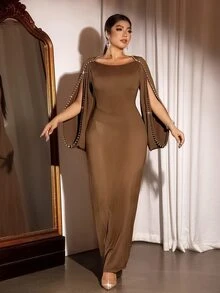 Cravure Plus Size Women's Elegant Romantic Brown Icy Feel Slit Pearl Sleeve Stretch Knit Bodycon Dress, Versatile For Daily Wear And Multiple Occasions Fall - Brown - View 5