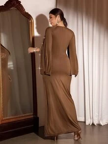 Cravure Plus Size Women's Elegant Romantic Brown Icy Feel Slit Pearl Sleeve Stretch Knit Bodycon Dress, Versatile For Daily Wear And Multiple Occasions Fall - Brown - View 2