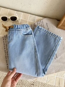 SHEIN 小男孩流行石洗休閒寬腿鬆垮藍色牛仔褲 童裝春夏日常穿著秋冬套裝 - 藍色 - 查看 9