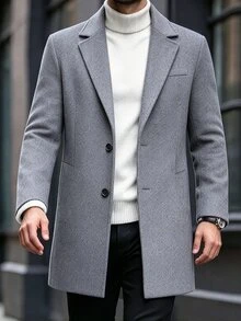 Manfinity Mode 男士灰色中長款羊毛混紡大衣，平駁領雙排扣設計，商務休閒通勤、正式、老錢風 - 灰色 - 查看 6