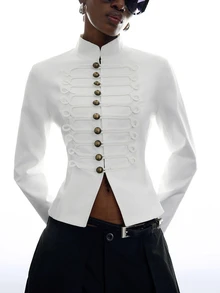 LYSMO Women's Fashion Design Metal Button Long Sleeve Blazer Office Dinner Formal Corporate White Summer Elegant - Beige - View 4