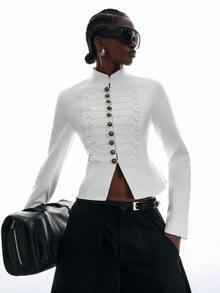 LYSMO Women's Fashion Design Metal Button Long Sleeve Blazer Office Dinner Formal Corporate White Summer Elegant - Beige - View 1