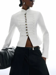 LYSMO Women's Fashion Design Metal Button Long Sleeve Blazer Office Dinner Formal Corporate White Summer Elegant - Beige - View 9