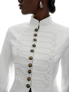 LYSMO Women's Fashion Design Metal Button Long Sleeve Blazer Office Dinner Formal Corporate White Summer Elegant - Beige - View 5