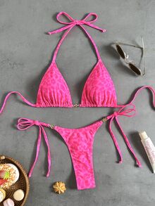 Swim Vcay Women's Tropical Leopard Print Sexy Two Pieces Bikini Set With Metal Accessories, Casual Holiday Wear - Multicolor - View 4
