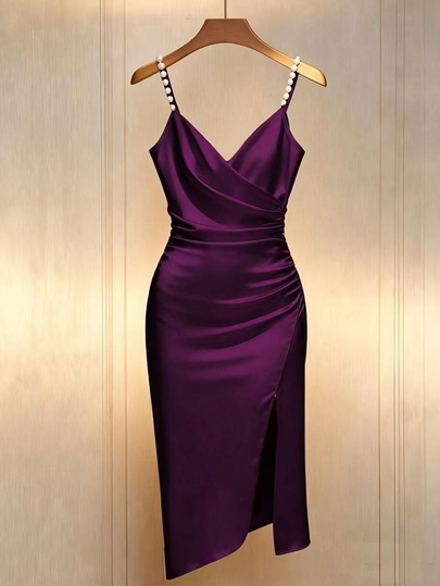 GlowEve CURVE Women's French Exquisite Romantic Knit Spaghetti Strap Cross Neckline Waist-Cinching Bodycon Shoulder Strap Beaded Slit Effect High-End Champagne Satin Dress, Elegant Satin Dress, Women's Wedding Guest Dress, Bridesmaid Dress, Elegant Party Dress, Valentine's Day Date Dress, Valentine's Day Outfit, Spring/Autumn New Women's Dress