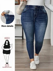 SHEIN CURVE+ 大码猫须休闲牛仔裤 - 藍色 - 查看 1