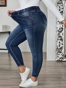 SHEIN CURVE+ 大码猫须休闲牛仔裤 - 藍色 - 查看 7