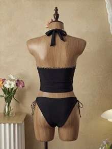 SHEIN Swim 女款兩件式熱帶性感豹紋細肩帶綁腰坦基尼比基尼套裝，優雅適用於海灘、度假、派對、情人節 - 彩色 - 查看 3