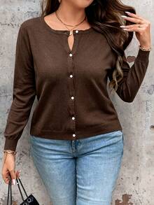 Linhara CURVE Plus Size Women's Solid Color Long Sleeve Single-Breasted Knit Cardigan Office Formal Brown Autumn Casual Baggy Fall Winter - Coffee Brown - View 3