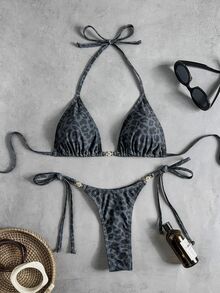 Swim Vcay Women's Tropical Leopard Print Sexy Two Pieces Bikini Set With Metal Accessories, Casual Holiday Wear - Multicolor - View 4