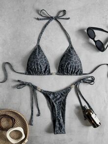 Swim Vcay Women's Tropical Leopard Print Sexy Two Pieces Bikini Set With Metal Accessories, Casual Holiday Wear - Multicolor - View 3