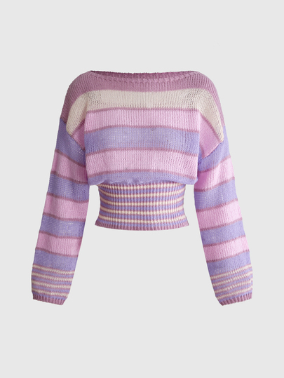 Damen Y2K gestreifter Pullover mit Drop-Shoulder und kurzer Länge