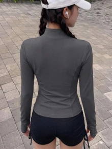 DAZY 女款純色彈性小立領修身長袖夾克，運動休閒風，春秋款 - 灰色 - 查看 2