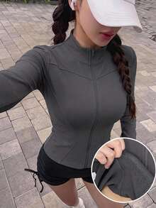 DAZY 女款純色彈性小立領修身長袖夾克，運動休閒風，春秋款 - 灰色 - 查看 8