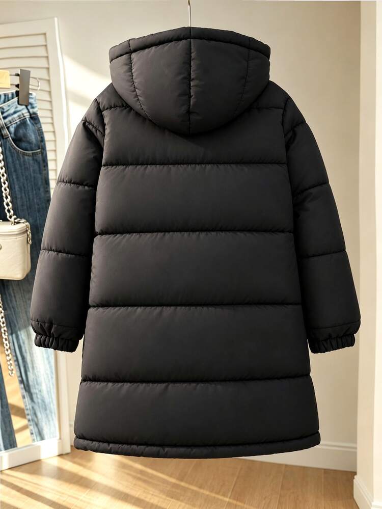 SHEIN Girls' Winter Hooded Padded Coat With Gloves, Fleece Lined Mid-Length Quilted Jacket, Loose Fit, Modest Baggy Solid Color, School Club Black - Black - View 4