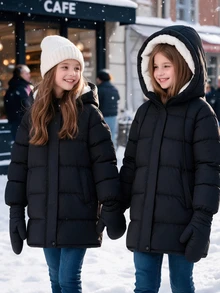 SHEIN Girls' Winter Hooded Padded Coat With Gloves, Fleece Lined Mid-Length Quilted Jacket, Loose Fit, Modest Baggy Solid Color, School Club Black And White - Black - View 8