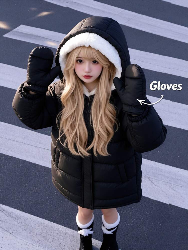 SHEIN Girls' Winter Hooded Padded Coat With Gloves, Fleece Lined Mid-Length Quilted Jacket, Loose Fit, Modest Baggy Solid Color, School Club Black - Black - View 3
