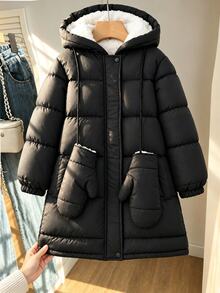 SHEIN Girls' Winter Hooded Padded Coat With Gloves, Fleece Lined Mid-Length Quilted Jacket, Loose Fit, Modest Baggy Solid Color, School Club Black And White - Black - View 7