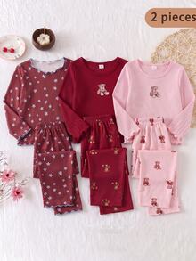 Girls' Fitted Long Sleeve Long Pants Pajama Set, Autumn/Winter New Arrival, Ruffle Design, Sweet Elegant Fresh Ditsy Floral Print, Suitable For Most Girls, Sleepwear Homewear Set - Brown - View 1
