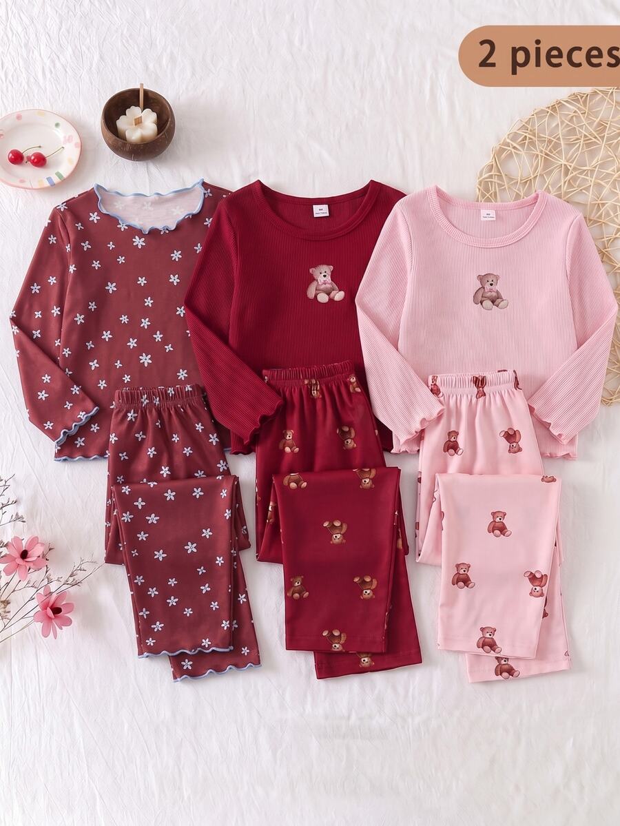 Girls' Fitted Long Sleeve Long Pants Pajama Set, Autumn/Winter New Arrival, Ruffle Design, Sweet Elegant Fresh Ditsy Floral Print, Suitable For Most Girls, Sleepwear Homewear Set - Brown - View 1