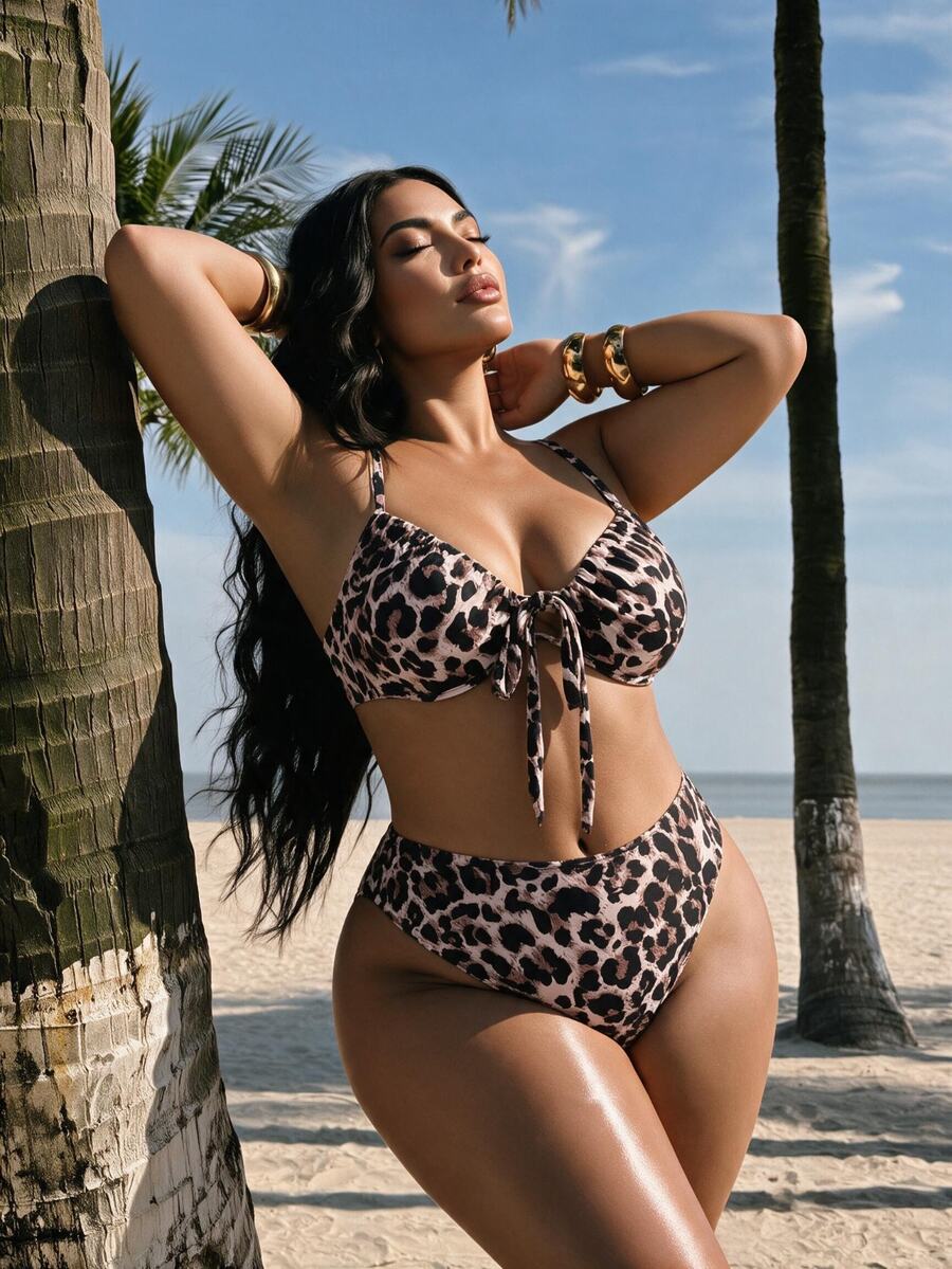 Swim SXY 2026 New Summer Beach Vacation Casual Leopard Animal Print Pattern Underwire Design Adjustable Strap Plus Size Swimsuit Set - Multicolor - View 1