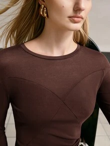 MOTF PREMIUM WOOL BLEND LIGHTWEIGHT COLORBLOCK PATCHWORK AUTUMN/WINTER BASIC BASE LAYER TOP - Brown - View 1