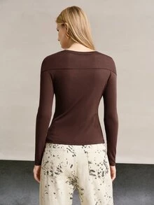 MOTF PREMIUM WOOL BLEND LIGHTWEIGHT COLORBLOCK PATCHWORK AUTUMN/WINTER BASIC BASE LAYER TOP - Brown - View 3