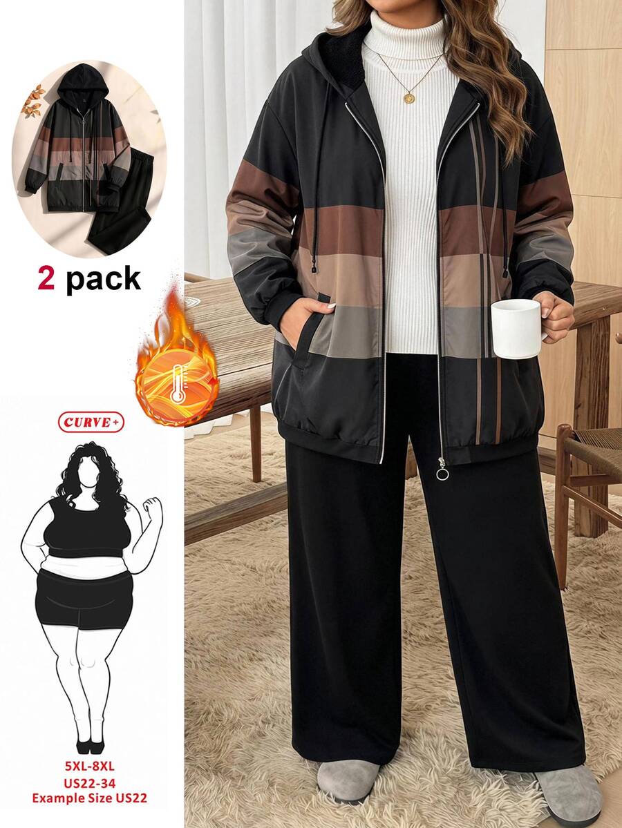 SHEIN CURVE+ 大尺碼女款拼色連帽拉鍊抽繩夾克與長褲休閒兩件套,2026秋冬,5XL-8XL 秋季 - 黑與白 - 查看 1