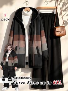 SHEIN CURVE+ Plus Size Women's Colorblock Hooded Zip-Up Drawstring Jacket & Pants Casual 2 Pieces Set, 2026 Autumn/Winter, 5XL-8XL - Black and White - View 4