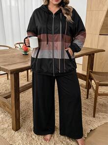 SHEIN CURVE+ Plus Size Women's Colorblock Hooded Zip-Up Drawstring Jacket & Pants Casual 2 Pieces Set, 2026 Autumn/Winter, 5XL-8XL - Black and White - View 5