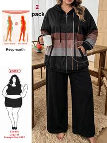 SHEIN CURVE+ Plus Size Women's Colorblock Hooded Zip-Up Drawstring Jacket & Pants Casual 2 Pieces Set, 2026 Autumn/Winter, 5XL-8XL - Black and White - View 1