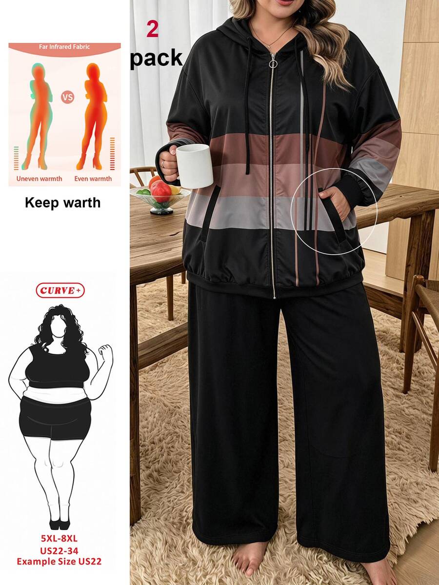 SHEIN CURVE+ Plus Size Women's Colorblock Hooded Zip-Up Drawstring Jacket & Pants Casual 2 Pieces Set, 2026 Autumn/Winter, 5XL-8XL - Black and White - View 1