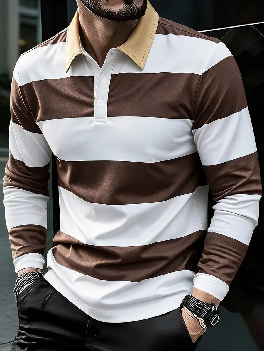 Manfinity CasualCool Men's Striped Fabric Casual Streetwear Polo Shirt, Autumn/Winter, Brown Panel, Formal - Brown - View 1
