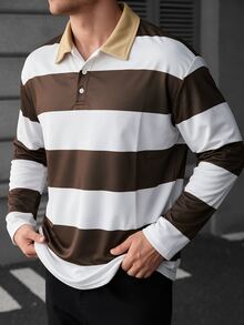 Manfinity CasualCool Men's Striped Fabric Casual Streetwear Polo Shirt, Autumn/Winter, Brown Panel, Formal - Brown - View 5