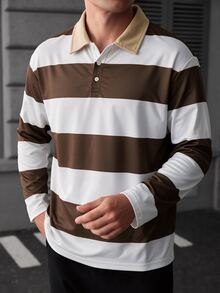 Manfinity CasualCool Men's Striped Fabric Casual Streetwear Polo Shirt, Autumn/Winter, Brown Panel, Formal - Brown - View 7