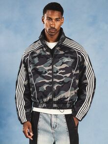 SUMWON Camouflage Print Full Zip Windbreaker Jacket With Striped Sleeves Drawstring Hem And Logo Detail - Army Green - View 1