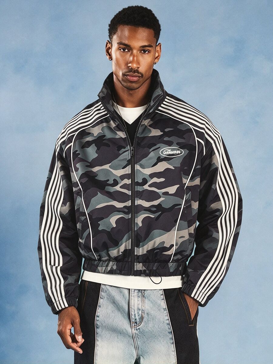 SUMWON Camouflage Print Full Zip Windbreaker Jacket With Striped Sleeves Drawstring Hem And Logo Detail - Army Green - View 1